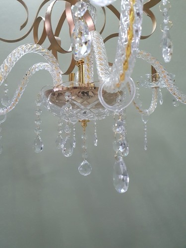 LAMPADARIO A 6 LUCI IN VETRO E CRISTALLO CON RICCIOLI IN ORO - NUOVO NEGOZIO - Foto 9 di 9