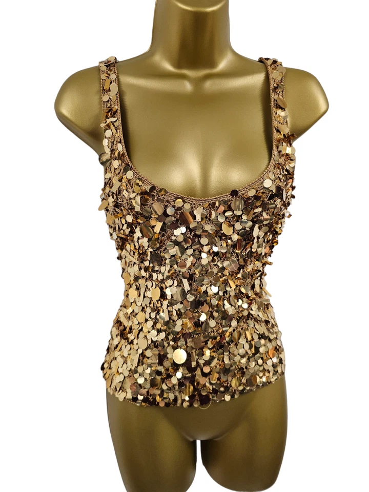 Vintage Karen Millen 2 UK 10 Gold Sequin Dazzling Crochet Knit Party Cami Top - Image 2 of 4