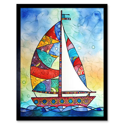 Segelboot mit Blumenmuster moderne Volkskunst gerahmtes Wandbild Bild Druck 12x16