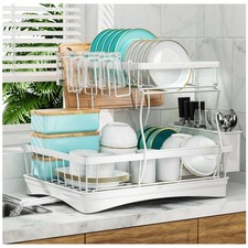Estante de secado de platos grande de 7 códigos, estantes de 2 niveles para cocina de 2 niveles, blanco
