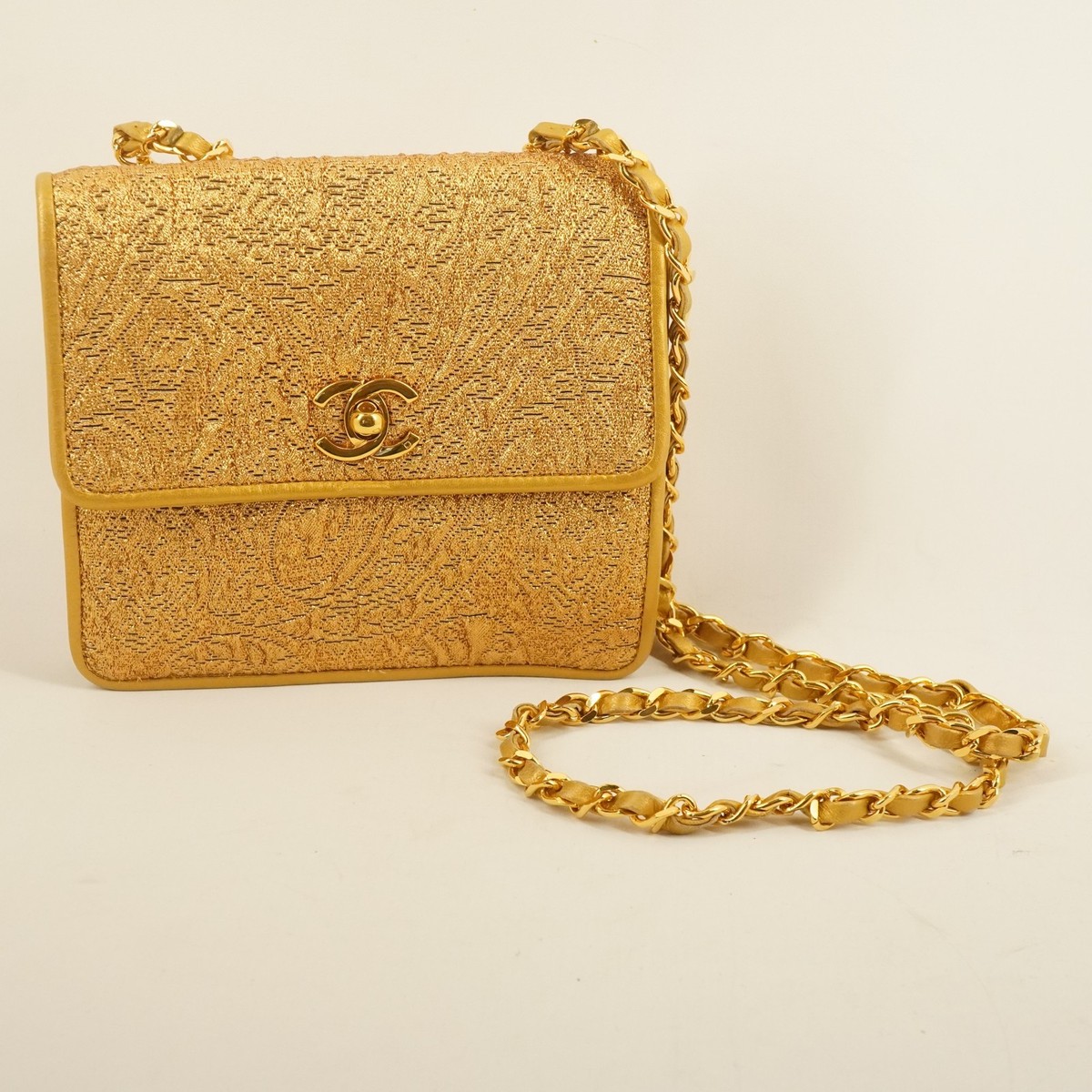CHANEL Gold Brocade Textile & Lambskin Mini Half Flap Bag w COA
