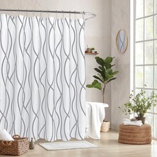 Textured Fabric Shower Curtain 72 Inches by 72 Inches, Silver Grey Striped Pr...