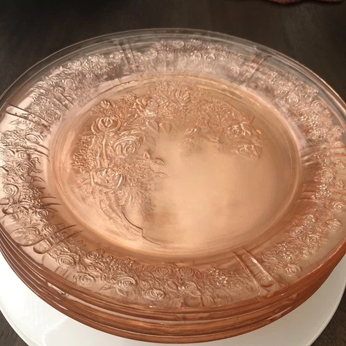 Set of 5 Pink Depression Federal Cabbage Rose Plates 9" Vintage
