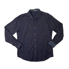 Bugatchi Uomo Shirt Mens Large Black Navy Cotton Shaped Fit Flip Cuff Button Up