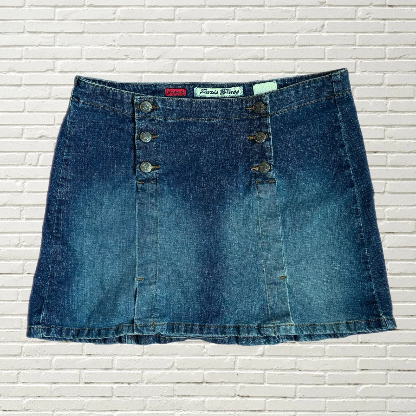 Vintage Y2K Paris Blue Denim Mini Skirt - Faded Denim Button Detail