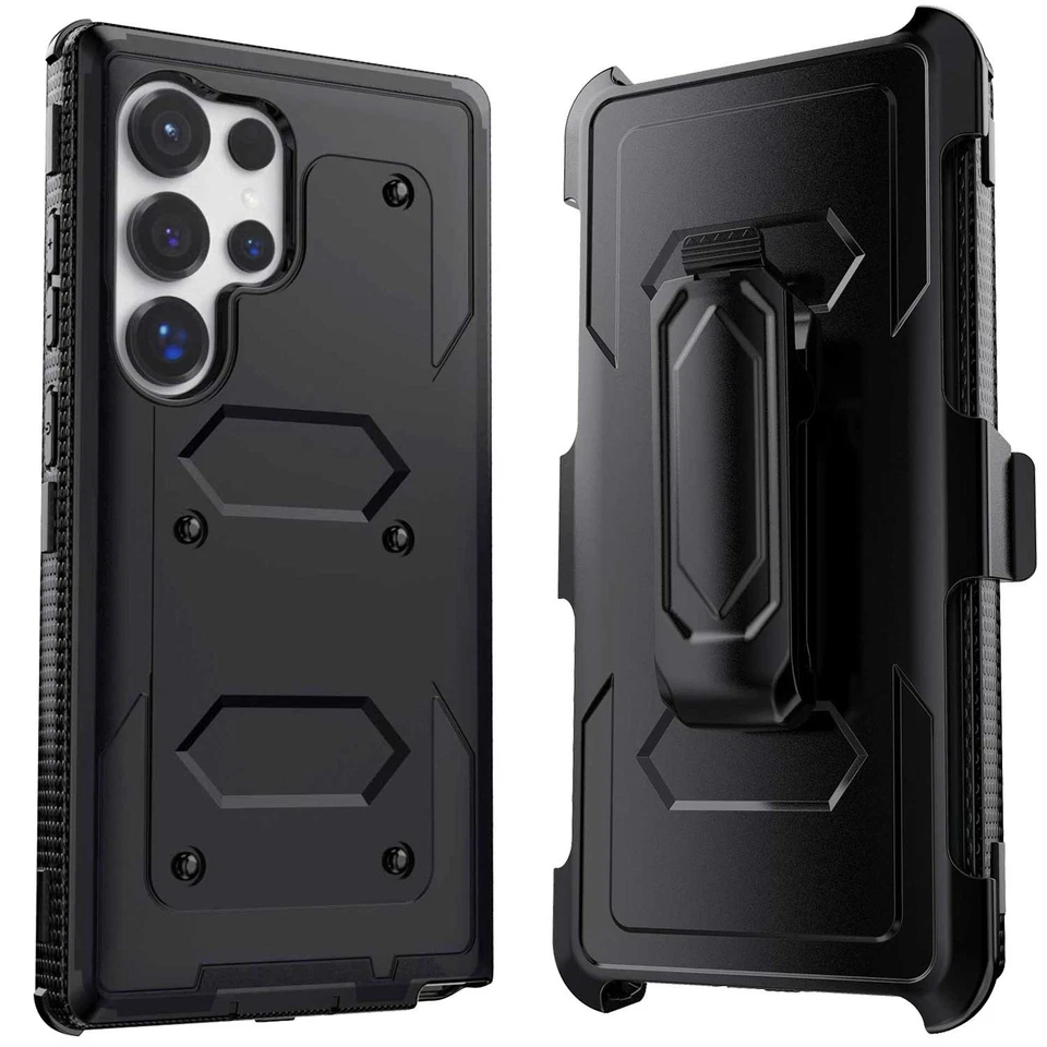 For Samsung Galaxy Phone Black Case Rugged Cover + Screen Protector Belt Clip - Image 3 of 4