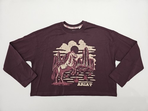 Ariat Women's Clove Desert Horse Graphic Long Sleeve Cropped T-Shirt Tee Size L - Picture 1 of 7