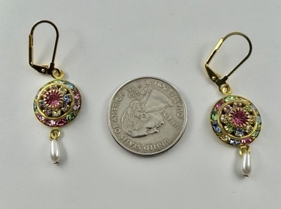 Vintage Upcycled Made with Pastel Swarovski Crystals Goldtone Leverback Earrings