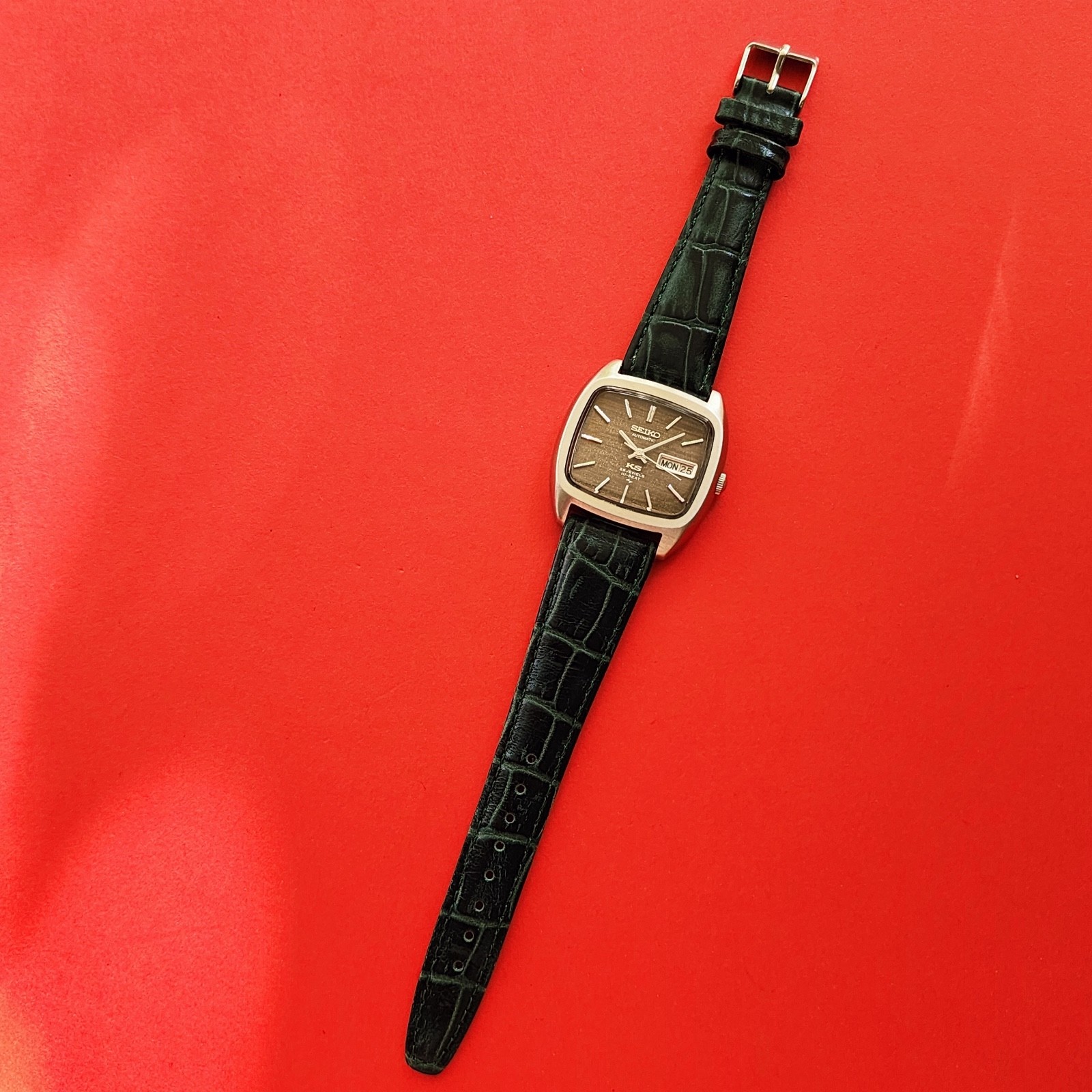 Seiko KS King Seiko Watch 1972 Rare Grey Dial Automatic 5246-5010 Green Leather image 3