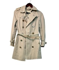 Burberry London Calf Leather Trim Belted Trench Coat — Size 34 (us 0, Uk 2)