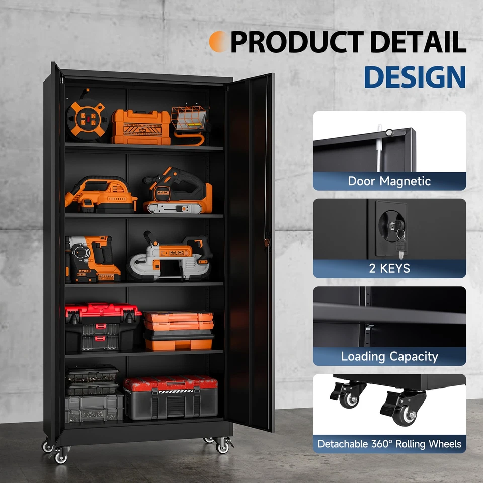 Gabinete de garaje de metal rodante de 75" con bloqueo y estantes ajustables para hogar/garaje Foto 3 de 4