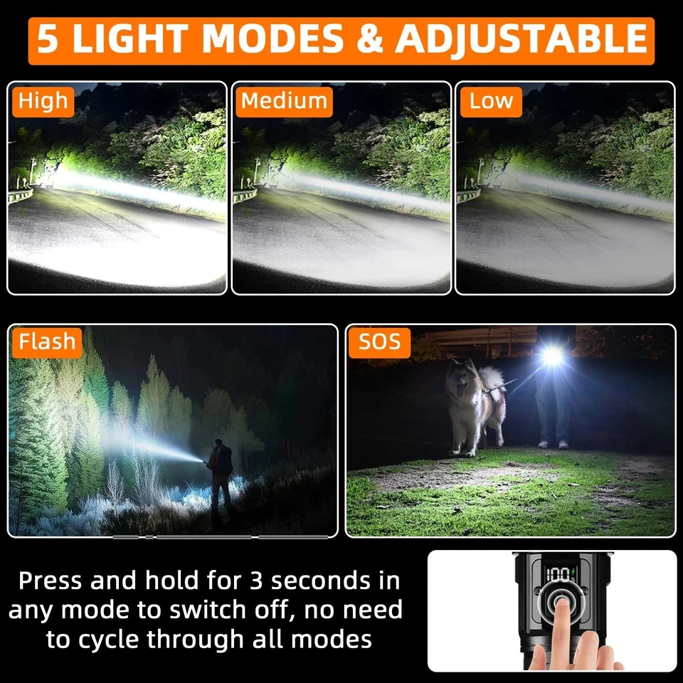 Lampe torche LED rechargeable 5 modes zoom IP67 5000 mAh Azyvum - Photo 3/4