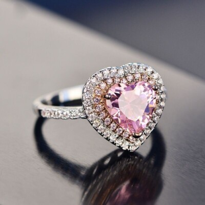 2Ct Heart Cut Lab Created Pink Sapphire Wedding Halo Ring 14k White Gold Plated