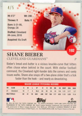 2022 Shane Bieber /5 Topps Pristine Red Pristine Refractors MLB 
