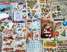 Vintage Christmas Window Cling Sheets Lot of 17 Assorted: Santa, Reindeer, Snow