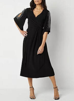 MSK Womens Beaded Mid Calf Midi Dress Black S