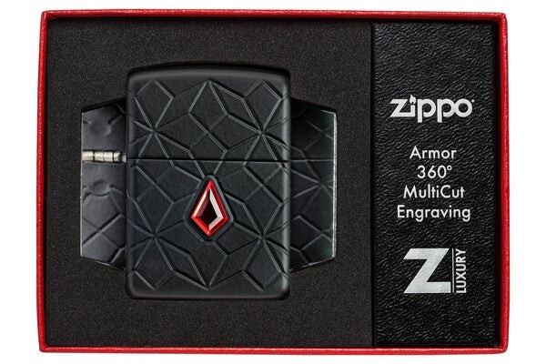 Zippo 46756, Deep Carve Armor Lighter With Red Crystal, Black