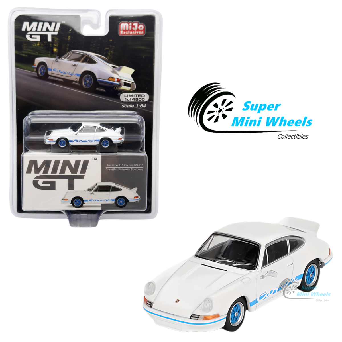 Mini GT 1:64 Porsche 911 Carrera RS 2.7 Grand Prix White with Blue