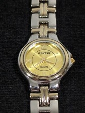 Womans Geneva Silver Tone Round Case Two Tone Link Band Watch 7.75 Inch
