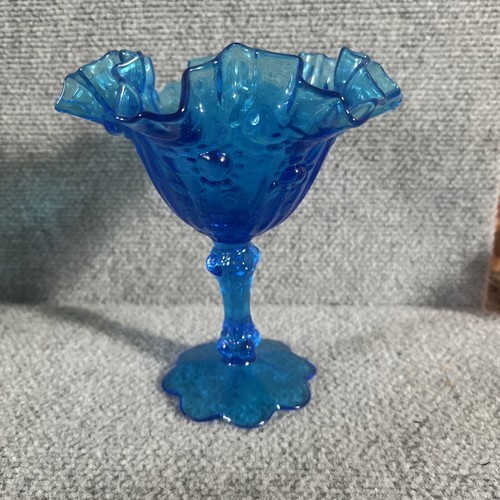 Vtg Fenton MCM Blue Rose Floral Lacy Ruffled Art Glass Compote Cottage Core