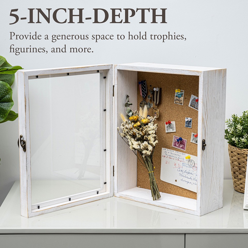 Whitewashed Wood Shadow Box, Wall Mounted Display Case w/ Acrylic ...