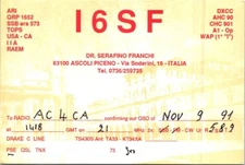 HAM RADIO CQ QSL QSO POSTCARD I6SF ASCOLI PICENO ITALY 1991 OP. SERAFINO FRANCHI