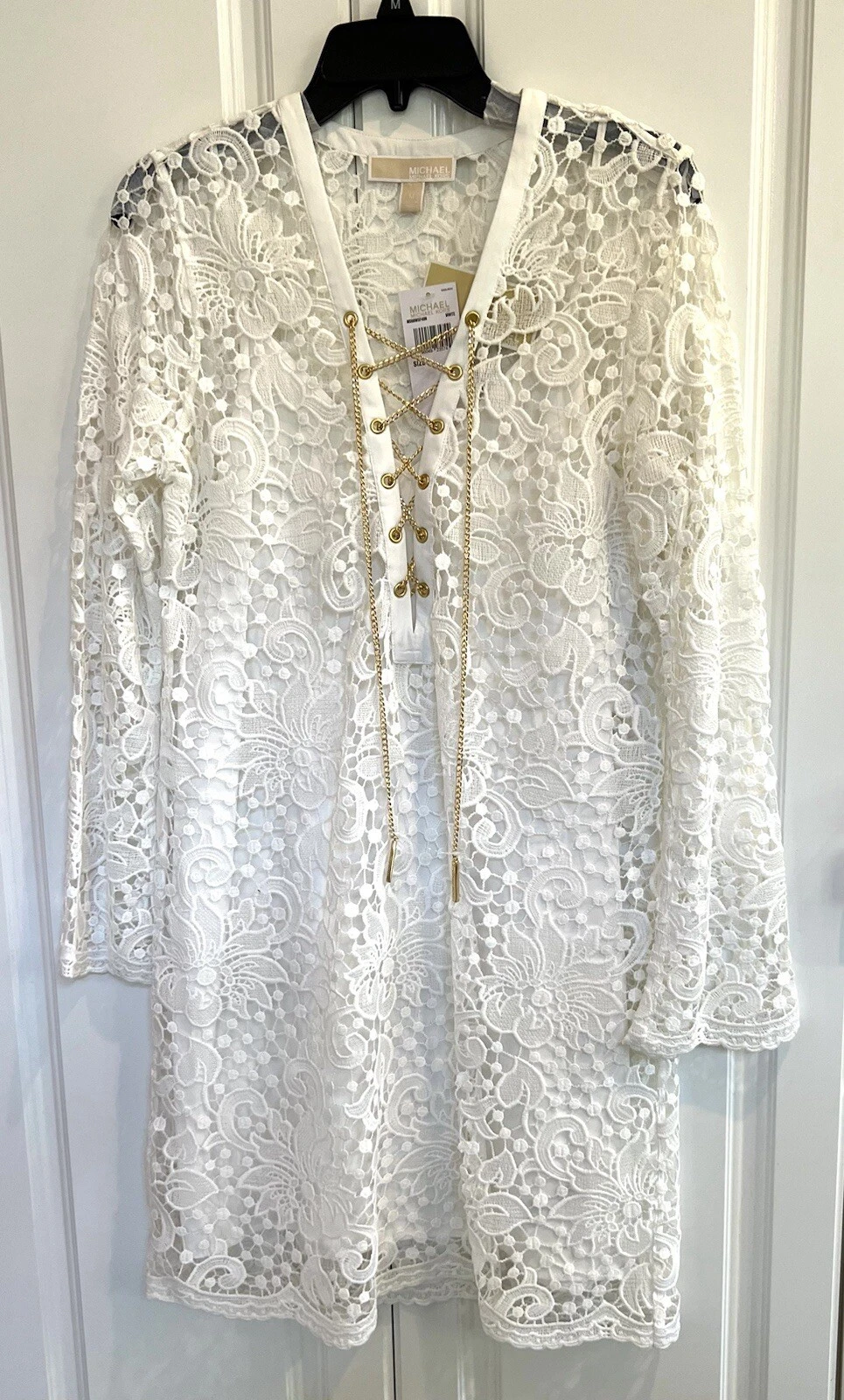 Abito Michael Michael Kors taglia Medium bianco pizzo catena oro corpetto stringato nuovo con etichette