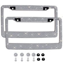 2 All White Silver Bling Glitter Crystal Rhinestone License Plate Frame Car Auto