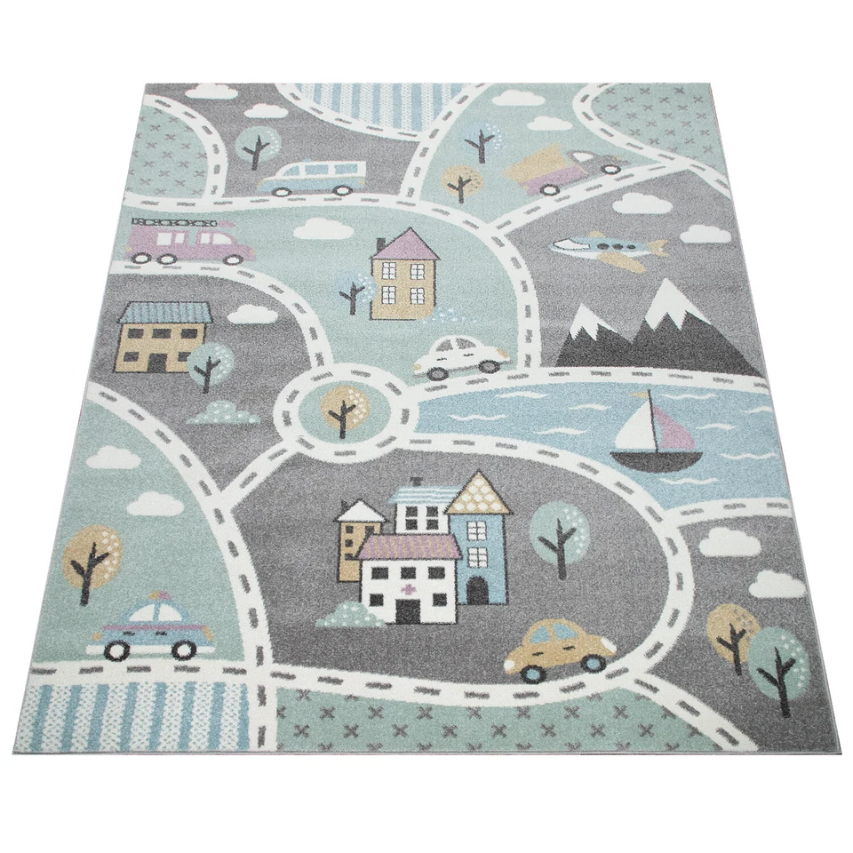 Tappeto da gioco per la cameretta dei bambini con motivo di strade in verde e gr - Immagine 4 di 4