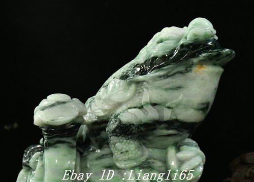 12" 100% Hielo Verde Esmeralda Jadeíta Tallado Sapo Vómitos Dinero Ruyi Estatua - Imagen 2 de 16