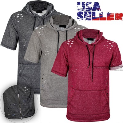 Mens Terry Extended Casual Distressed Hoodie Pullover Shirt Zipper Short Sleeve