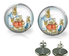 Peter Rabbit Beatrix Potter Stud Earrings 20mm Silver Plated Glass Top Gift