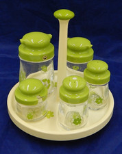 VTG GIFU Lime Green Acrylic Chinese Condiment Set with Lazy Susan, 6 pc-Complete