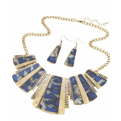 Bohemian Gold Print Bib Chain Necklace Blue Suit Necklace Set