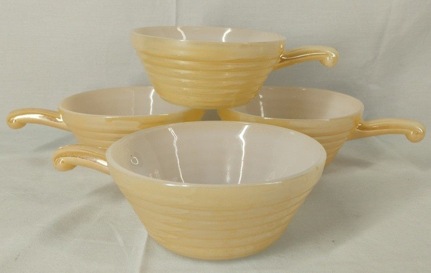 4 Fire King Peach Luster Bee Hive Ovenware Soup Bowls w/ Handles Iridescent 
