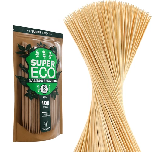 SUPER ECO 100 Pcs Natural Bamboo Skewers, 6 Inch Wooden BBQ Skewers Kabob Grill