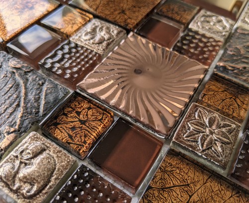 Ancient Nature 3D Textured Stone Glass & Metal Copper Bronze Mosaic Wall Tile - Picture 3 of 4