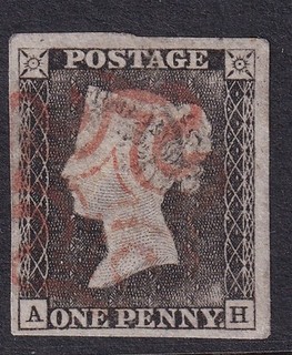 GB QV Sg3 1d penny grey black 4 large margins red MX very fine used Cat £750