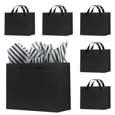 12 Pack Black Gift Bags, Medium Size, 8.7x3.9x7.1 Inches, Tissue Paper