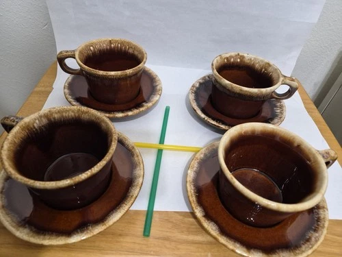 Lot Of 4 Hull Cups And Saucers Brown Drip Carmal Glaze 7 Oz Cups 5 7/8" Saucers