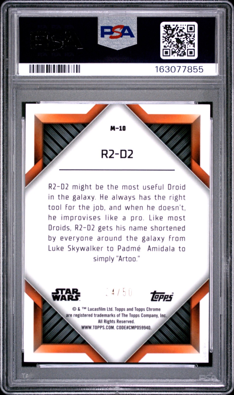 2023 TOPPS CHROME STAR WARS MONIKERS GOLD REFRACTOR #M10 R2-D2 24/50 PSA 8 view 2