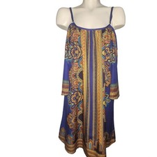 Boho Cold Shoulder Mini Dress Blue Orange Paisley Tribal Bell Sleeve Summer