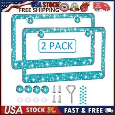 2 Pack Bling License Plate Frames Sparkly Rhinestone Diamond Aqua Color