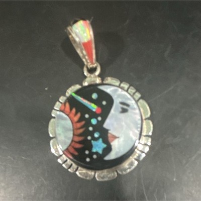 Round Celestial Charm Pendant, Silver-925 Metal w/ Multicolor Inlay