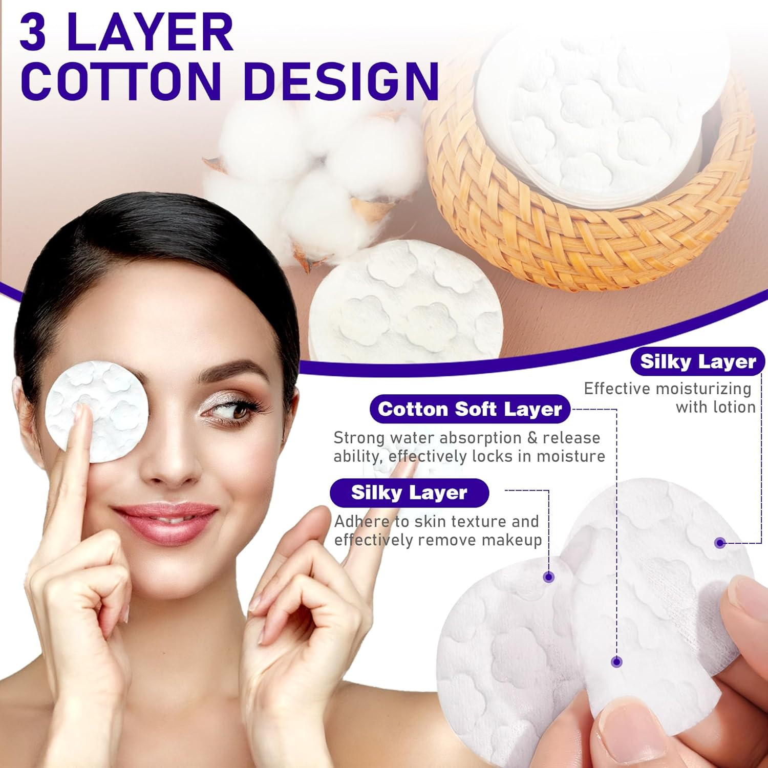 Premium Cotton Pads for Face, 400 Count round Makeup Remover Pads, 100% Pure & N