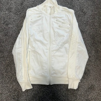 Guess Track Jacket Mens M Cream Excellent Perforated Mesh Full Zip Mock Neck