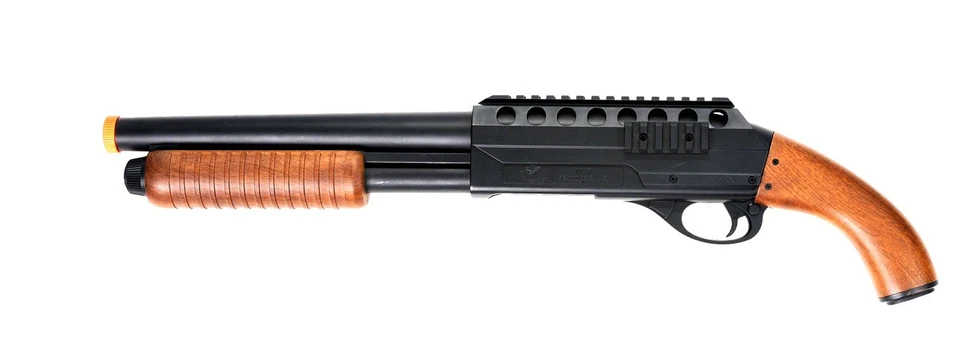 ARMYAIRSOFTGUNS UK Arms 7C Sawed-Off Pump Action Airsoft Shotgun w/ Faux Wood (Color: Black) Air