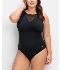 SHEEGO Badeanzug Große Größen in Wickeloptik, mit Mesh-Einsatz Schwarz Gr. 54B