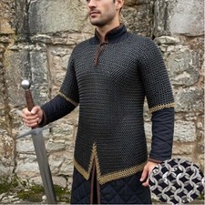 9mm Flat Riveted Chainmail Haubergeon Viking Armor Shirt Brass Trim