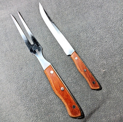 Maxam Steel 5.5 Blade Steak Knife & Fork Set Wood Handle Full Tang Japan V.G.C..